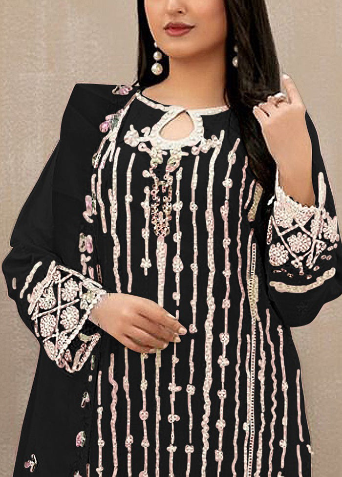 3 Pc Black Semi Stitched Georgette Suit Set Wiki For Sale