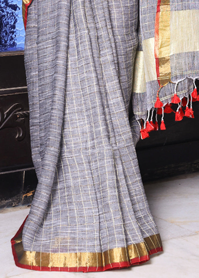 Grey Linen Silk Saree With Blouse Piece Pre Order For Sale