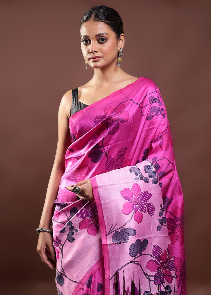 Pink Printed Pure Silk Saree Without Blouse Piece Discount Collections