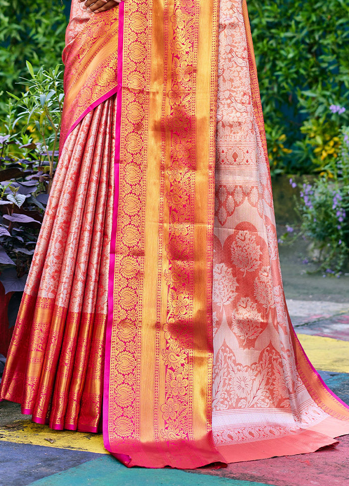 Peach Banarasi Silk Saree With Blouse Piece Sale Choice