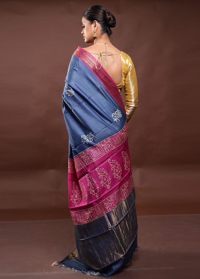 Blue Tussar Silk Saree With Blouse Piece Free Shipping Pick A Best