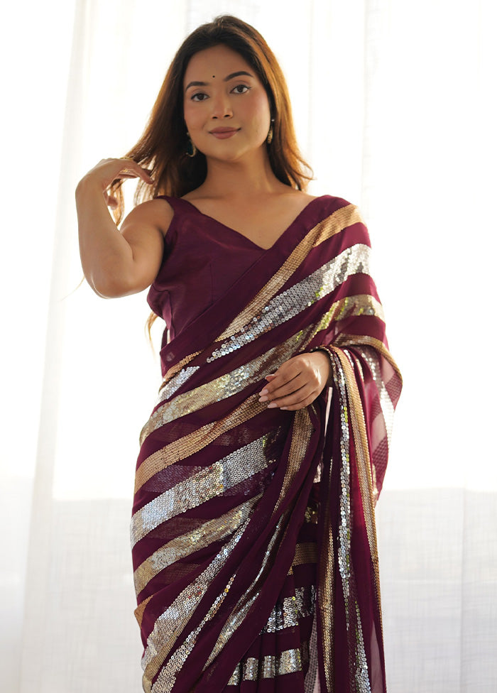 Wine Georgette Saree With Blouse Piece Sale Cheap Online