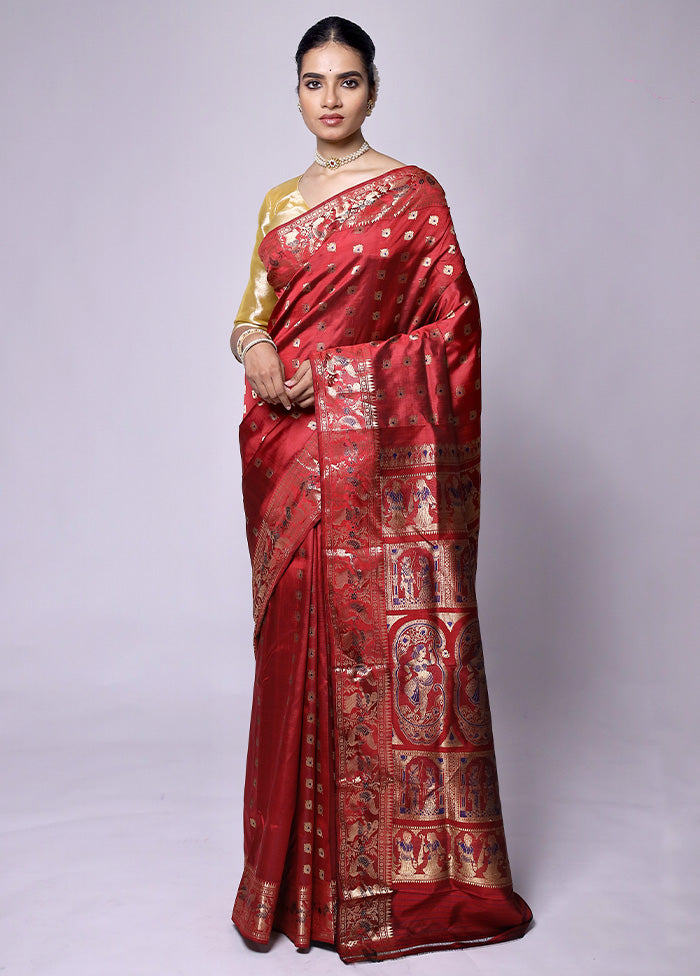 Red Handloom Baluchari Pure Silk Saree With Blouse Piece Free Shipping For Sale