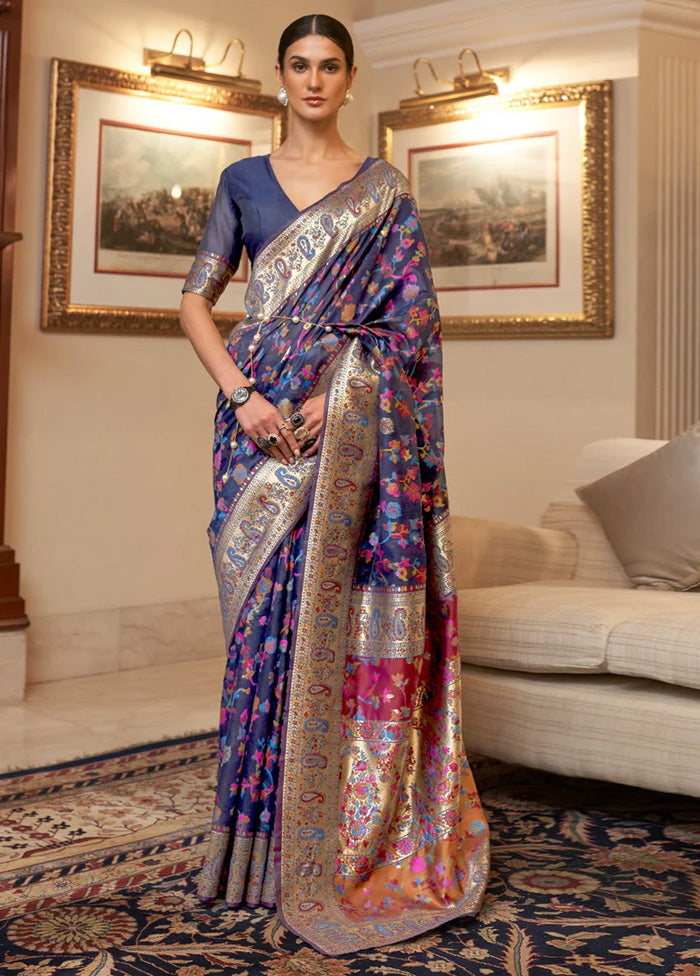 Navy Blue Banarasi Silk Saree With Blouse Piece Free Shipping High Quality