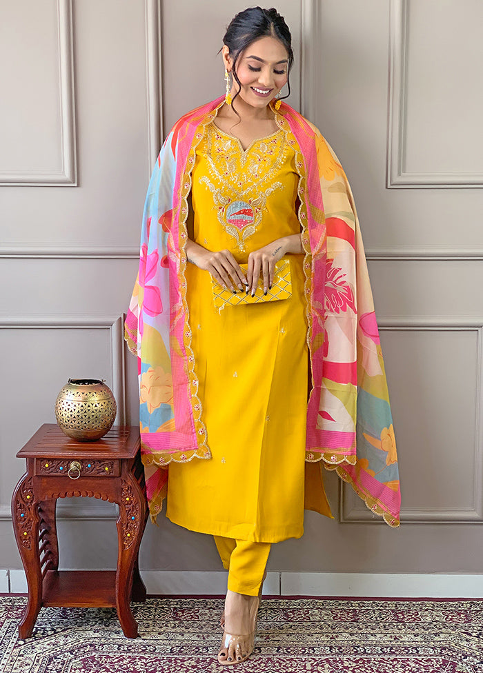 3 Pc Mustard Readymade Viscose Suit Set Cheap Sale Outlet Locations