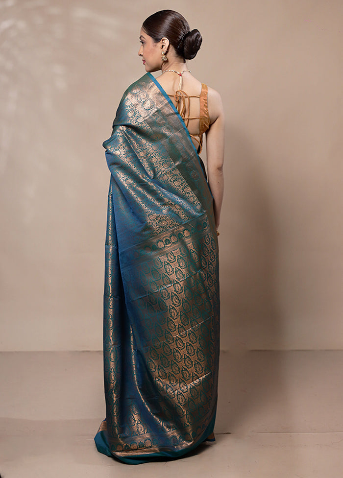 Blue Kanjivaram Silk Saree With Blouse Piece Cheap Manchester Great Sale