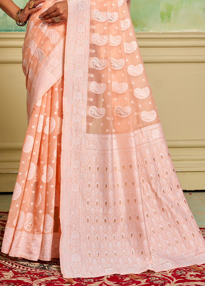 Peach Cotton Saree With Blouse Piece Order Online