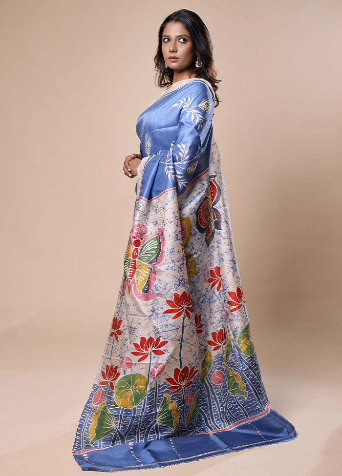 Blue Printed Pure Silk Saree Without Blouse Piece View