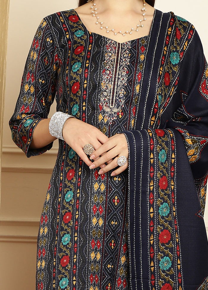 3 Pc Navy Blue Unstitched Pashmina Suit Set Pices Online