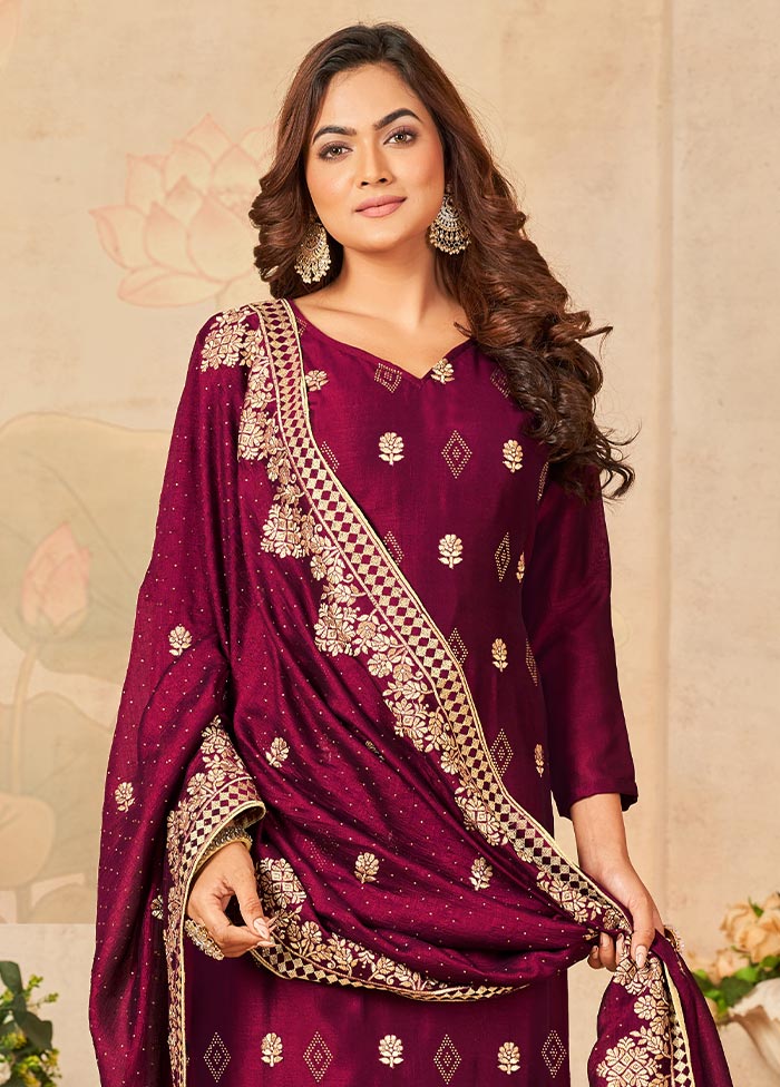 3 Pc Dark Pink Semi Stitched Georgette Suit Set Low Pice For Sale