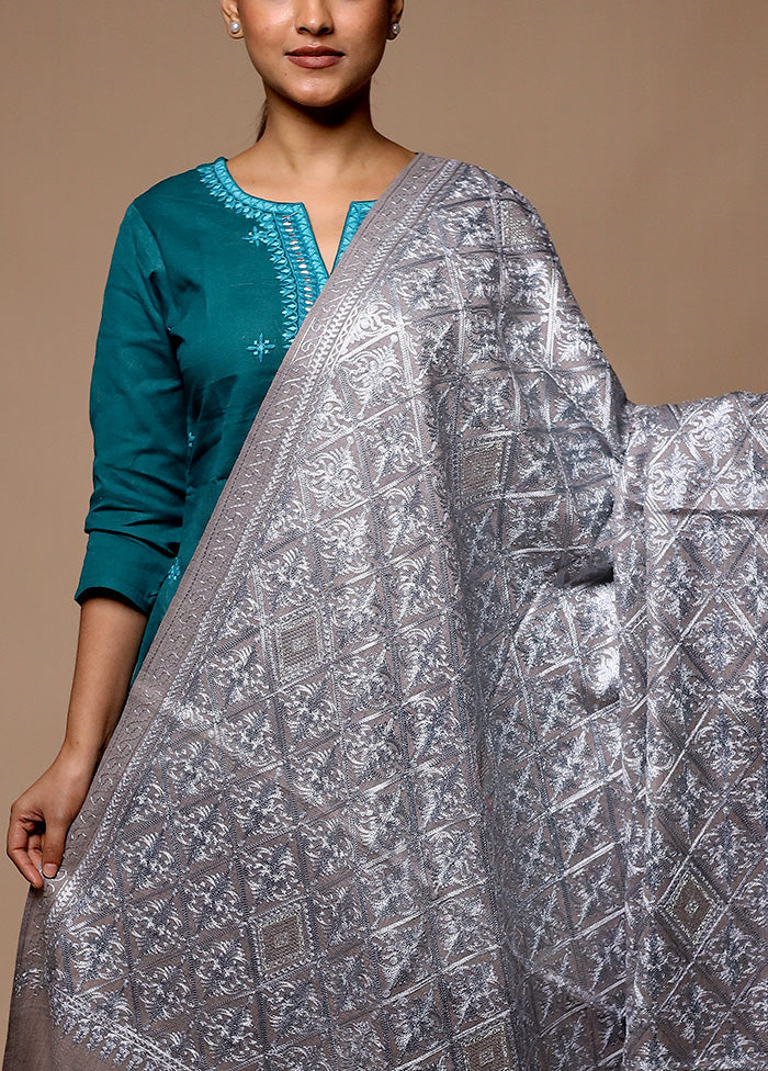 Grey Butta Work With Zari Woven Border Shawl Low Pice For Sale