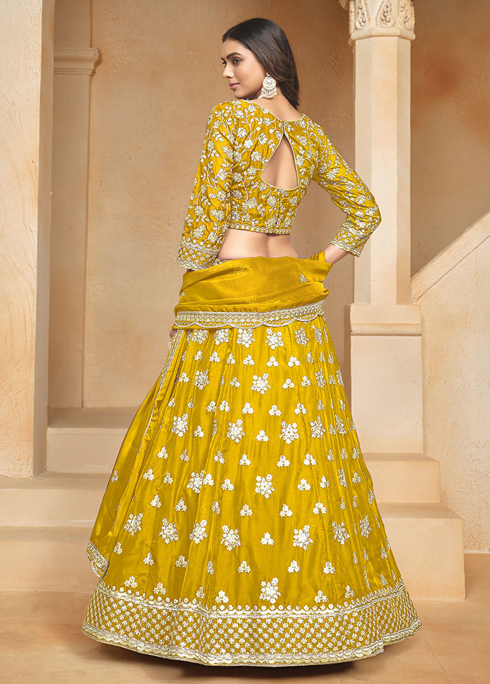 3 Pc Yellow Net Semi Stitched Lehenga Set Cheapest Pice Online