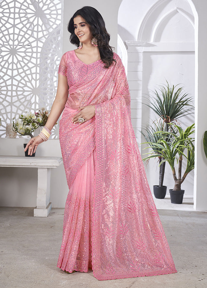 Pink Net Net Saree With Blouse Piece Clearance Original