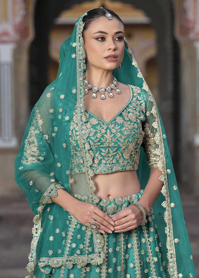 3 Pc Sea Green Net Semi Stitched Lehenga Set Sale Nicekicks