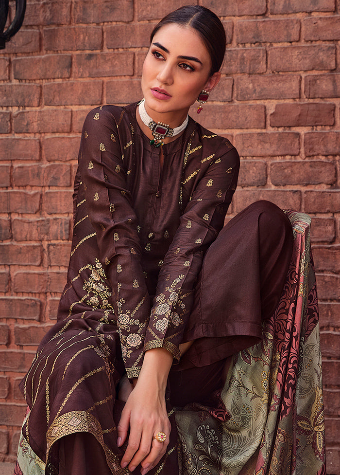 3 Pc Brown Unstitched Silk Suit Set Free Shipping Cheap Pice