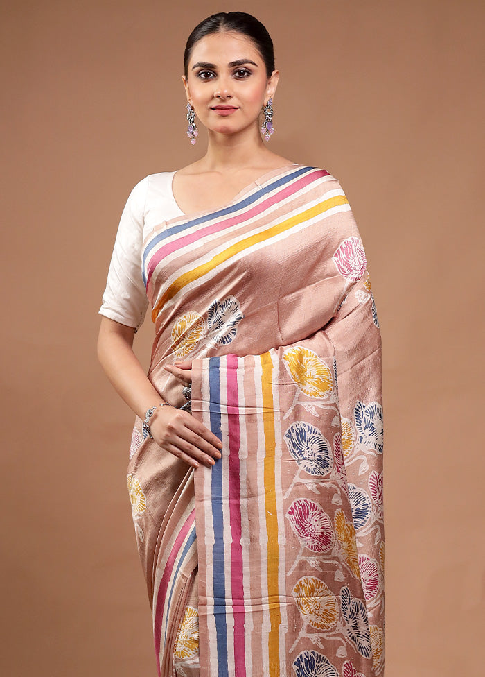 Cream Printed Pure Silk Saree Without Blouse Piece Great Deals Cheap Pice