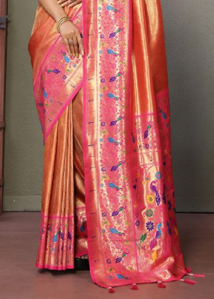 Dark Peach Banarasi Silk Saree With Blouse Piece Sale 2025