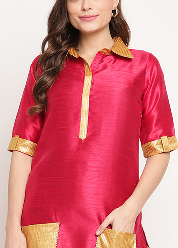 2 Pc Dark Pink Readymade Silk Kurti Set Sale With Mastercard