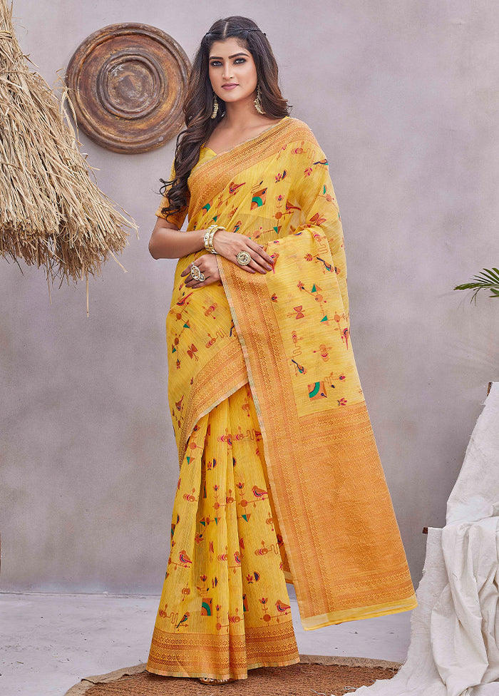 Yellow Linen Silk Saree With Blouse Piece Discount Nicekicks