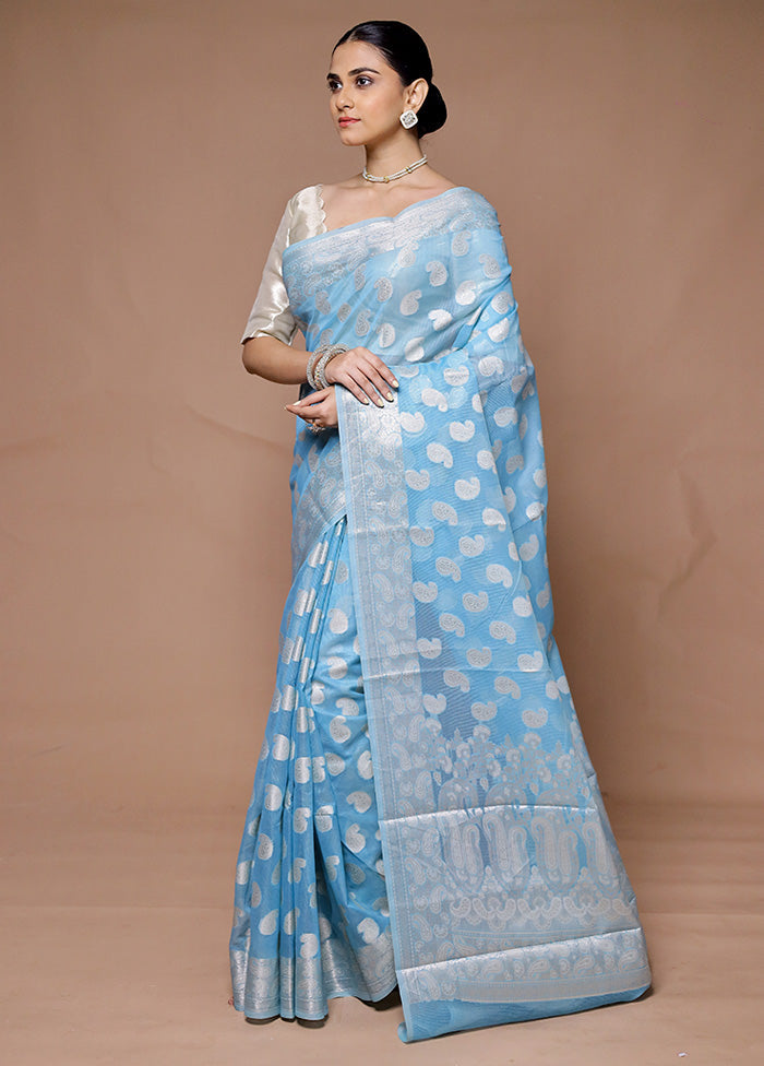 Blue Kora Silk Saree With Blouse Piece Clearance Find Great