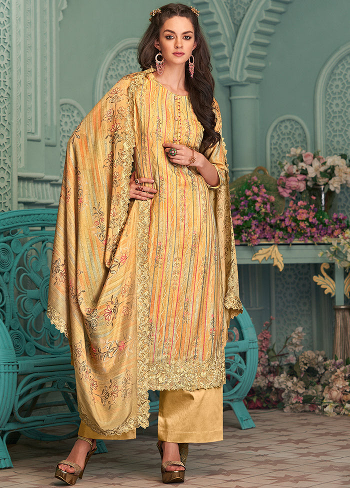 3 Pc Yellow Unstitched Pure Silk Suit Set Cost For Sale