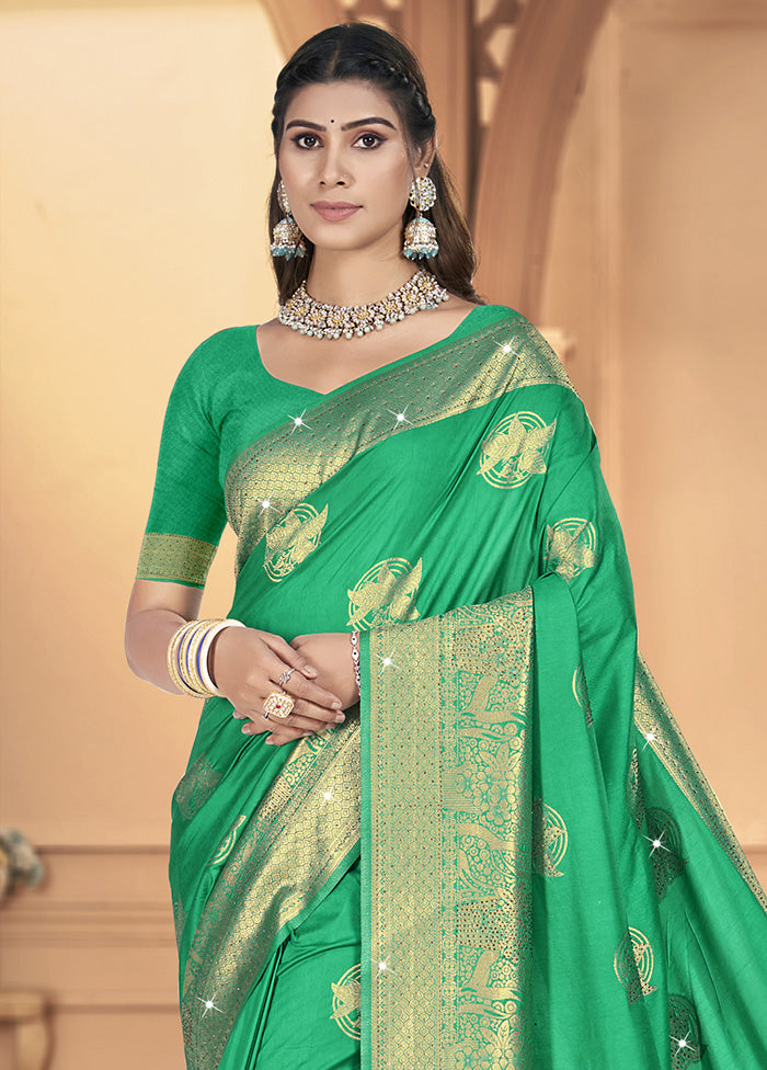 Green Spun Silk Saree With Blouse Piece Cheap Best Sale