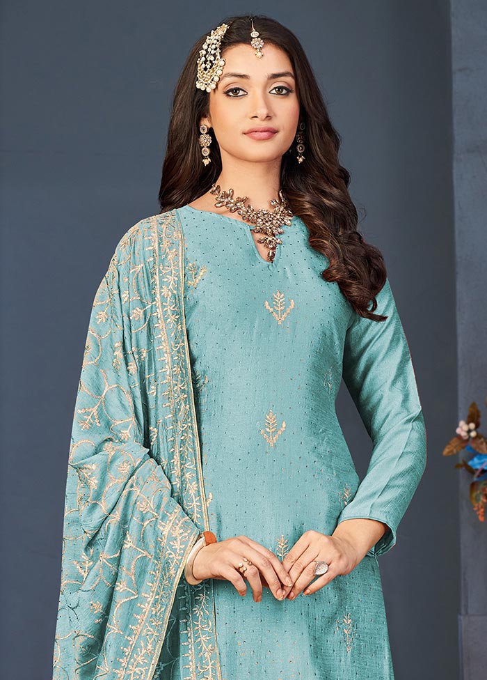 3 Pc Sky Blue Semi Stitched Georgette Suit Set Clearance Visit New