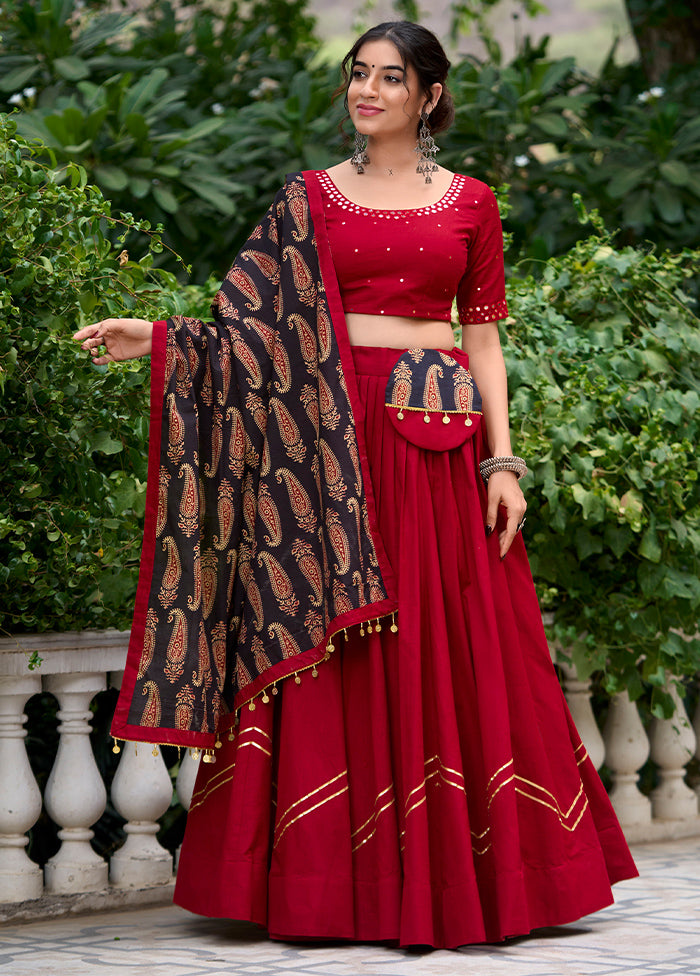 3 Pc Maroon Pure Cotton Semi Stitched Lehenga Set Buy Cheap Best