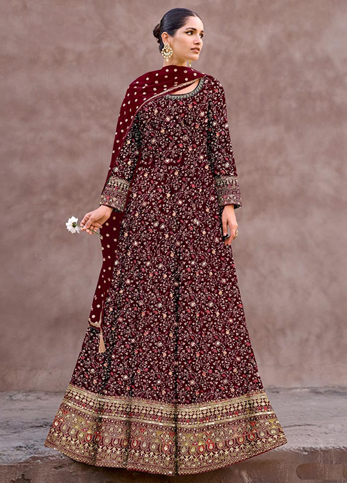 3 Pc Maroon Semi Stitched Georgette Suit Set Buy Cheap Manchester