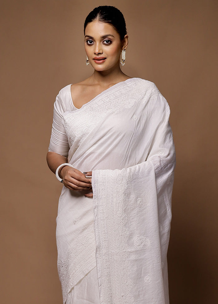 White Handloom Pure Cotton Saree With Blouse Piece Amazon Online