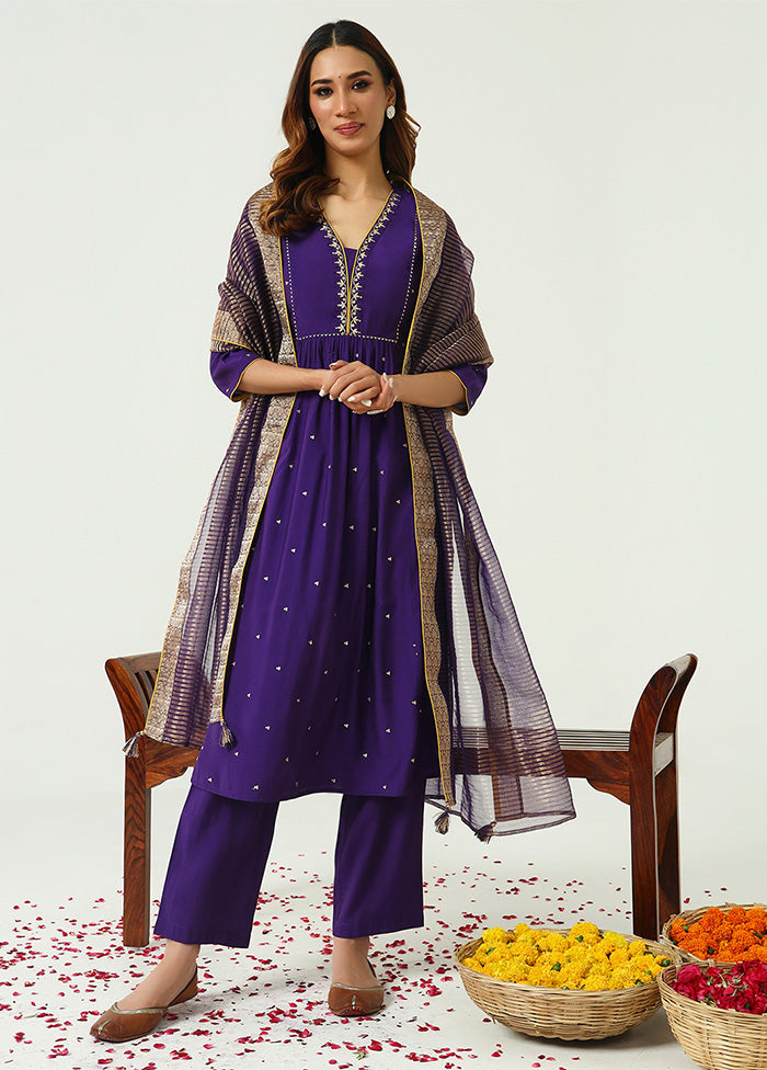 3 Pc Purple Readymade Chanderi Dupatta Suit Set Latest Collections Sale Online