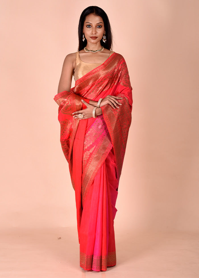 Red Handloom Tussar Pure Silk Saree With Blouse Piece Cheap Low Cost