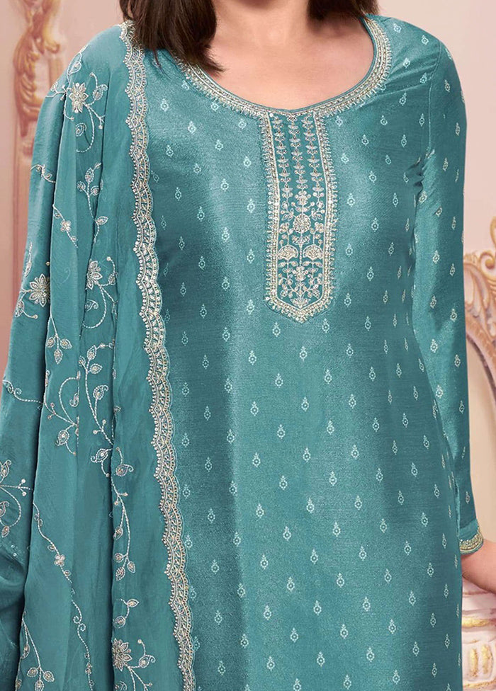 3 Pc Sky Blue Semi Stitched Georgette Suit Set Free Shipping 100% Guaranteed