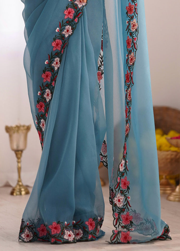 Sky Blue Spun Silk Saree With Blouse Piece For Cheap Pice