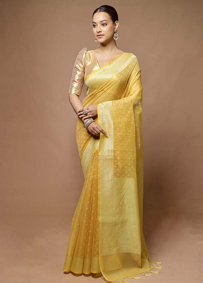 Yellow Kora Silk Saree With Blouse Piece With Paypal Free Shipping