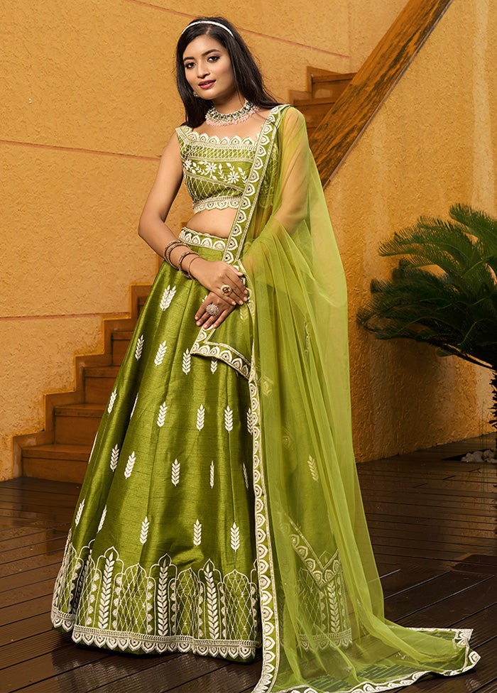 3 Pc Green Silk Semi Stitched Lehenga Set Outlet Pices