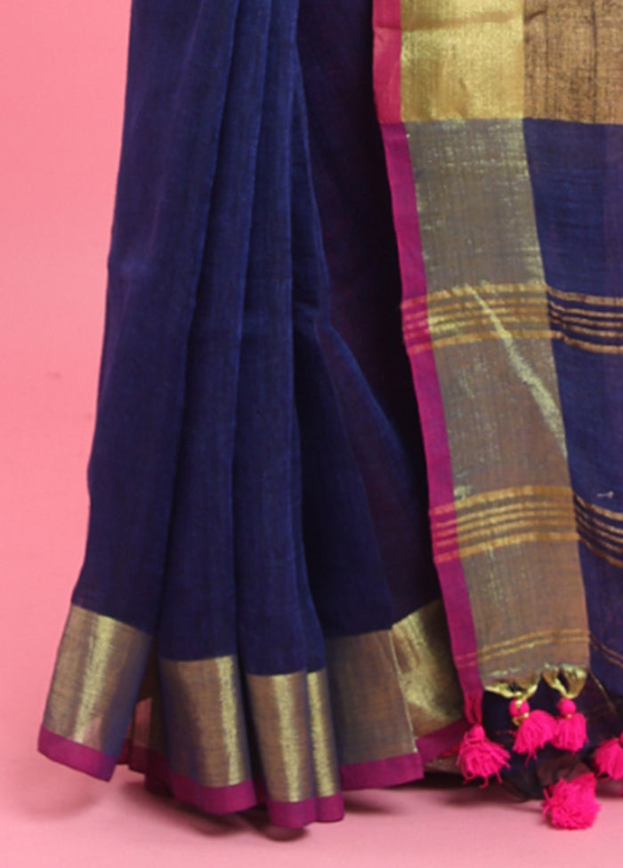 Blue Linen Silk Saree With Blouse Piece 2025 Cheap Pice