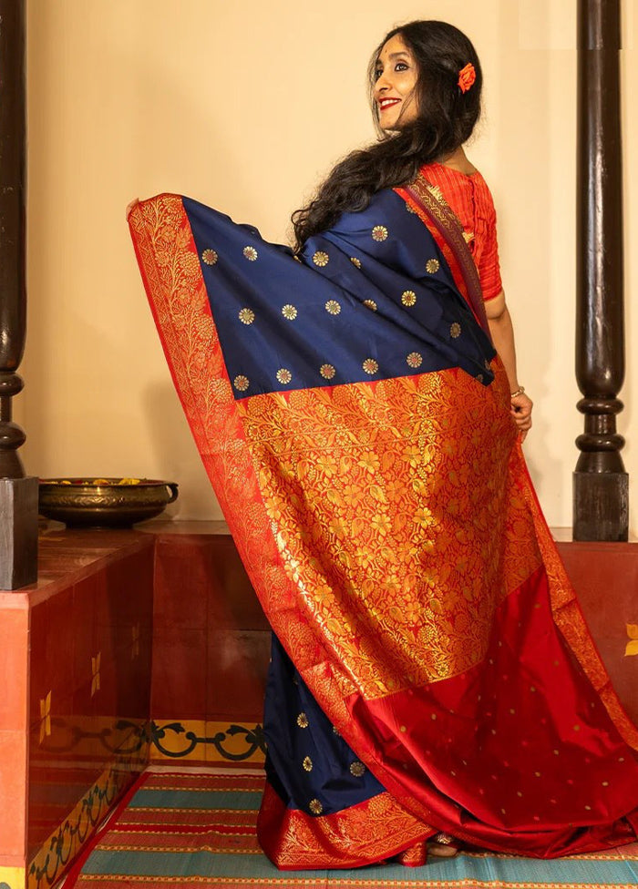 Navy Blue Banarasi Silk Saree With Blouse Piece Amazon Sale Online