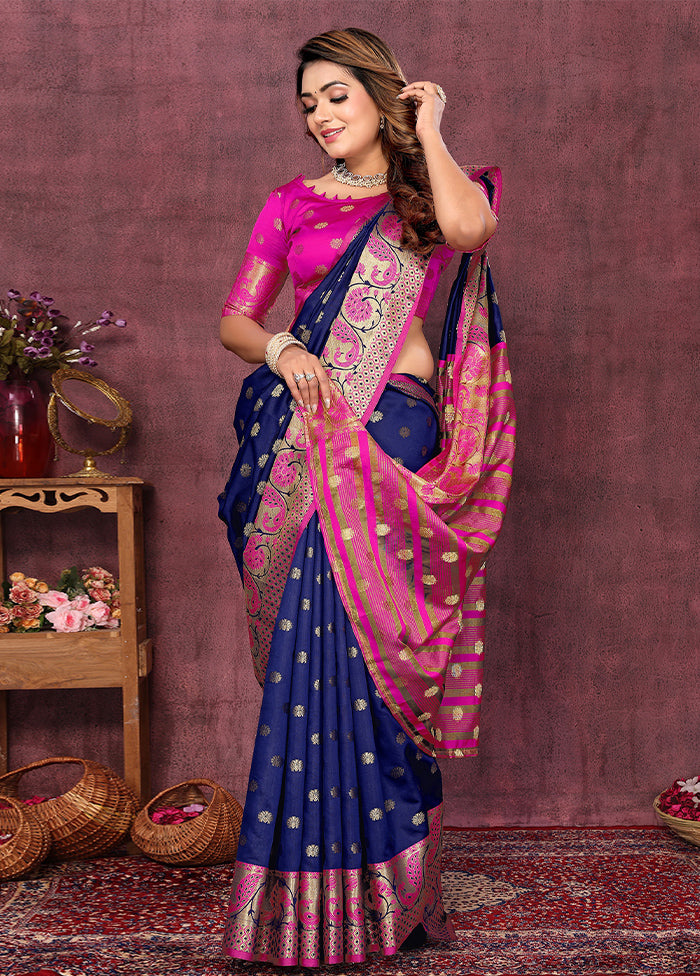 Navy Blue Dupion Silk Saree With Blouse Piece Free Shipping Best