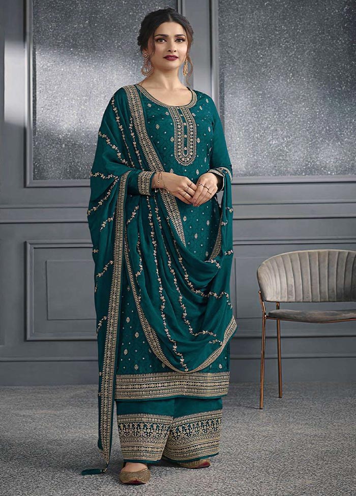 3 Pc Teal Semi Stitched Silk Suit Set Real Sale Online