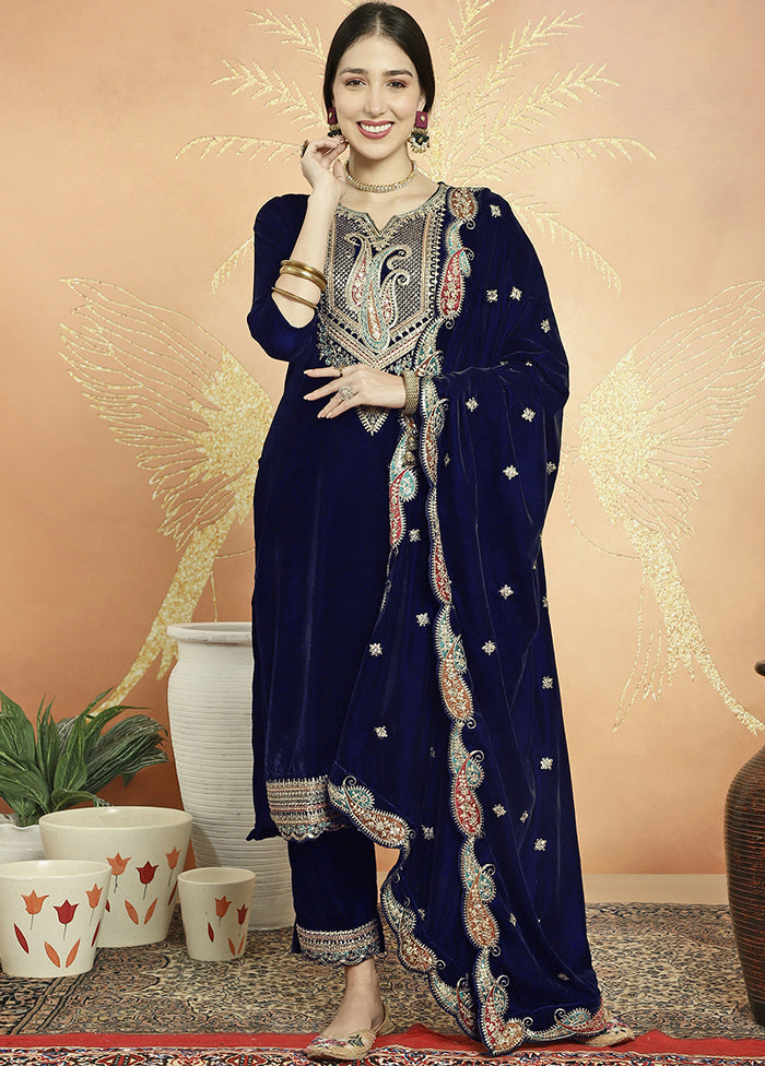 3 Pc Navy Blue Unstitched Velvet Suit Set Free Shipping Online