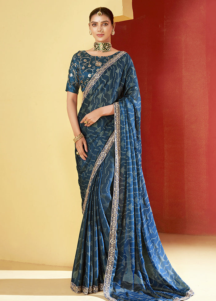 Navy Blue Chiffon Silk Saree With Blouse Piece For Cheap