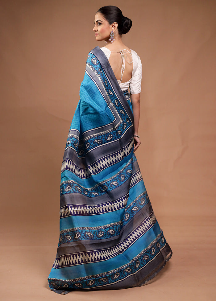 Blue Printed Pure Silk Saree Without Blouse Piece Comfortable Cheap Online