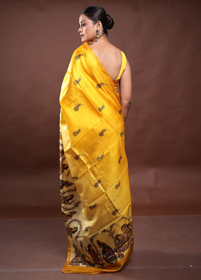 Yellow Printed Pure Silk Saree Without Blouse Piece Cheap Sale Brand New Unisex