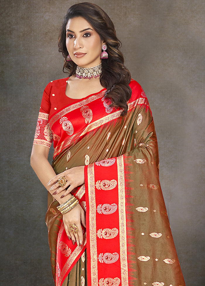 Brown Dupion Silk Saree With Blouse Piece Pay With Visa Cheap Pice