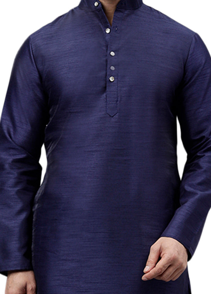 Navy Blue Dupion Silk Solid Kurta Pictures Online