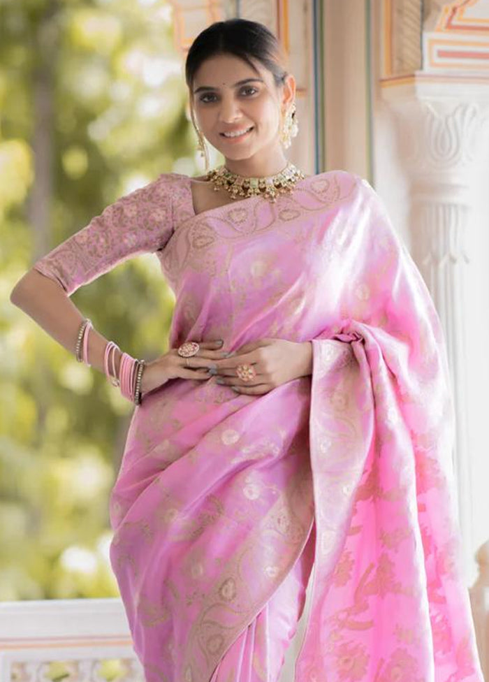 Baby Pink Banarasi Silk Saree With Blouse Piece Outlet Exclusive