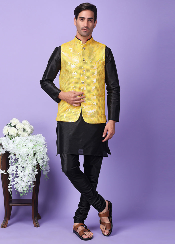 3 Pc Yellow Silk Nehru Set Discount Great Deals