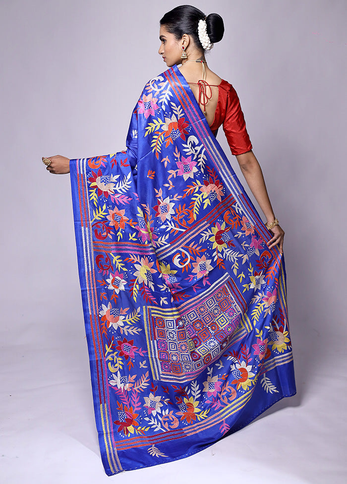 Blue Kantha Stitch Silk Saree With Blouse Piece Tumblr Online