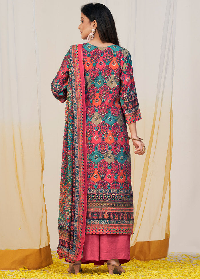 3 Pc Multicolor Unstitched Silk Suit Set Cheap Sale